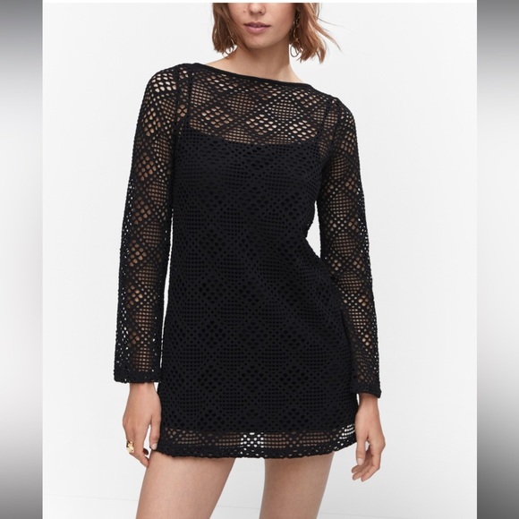 Mango MNG Geometric-pattern Openwork Long Sleeves Black Dress - Picture 1 of 3